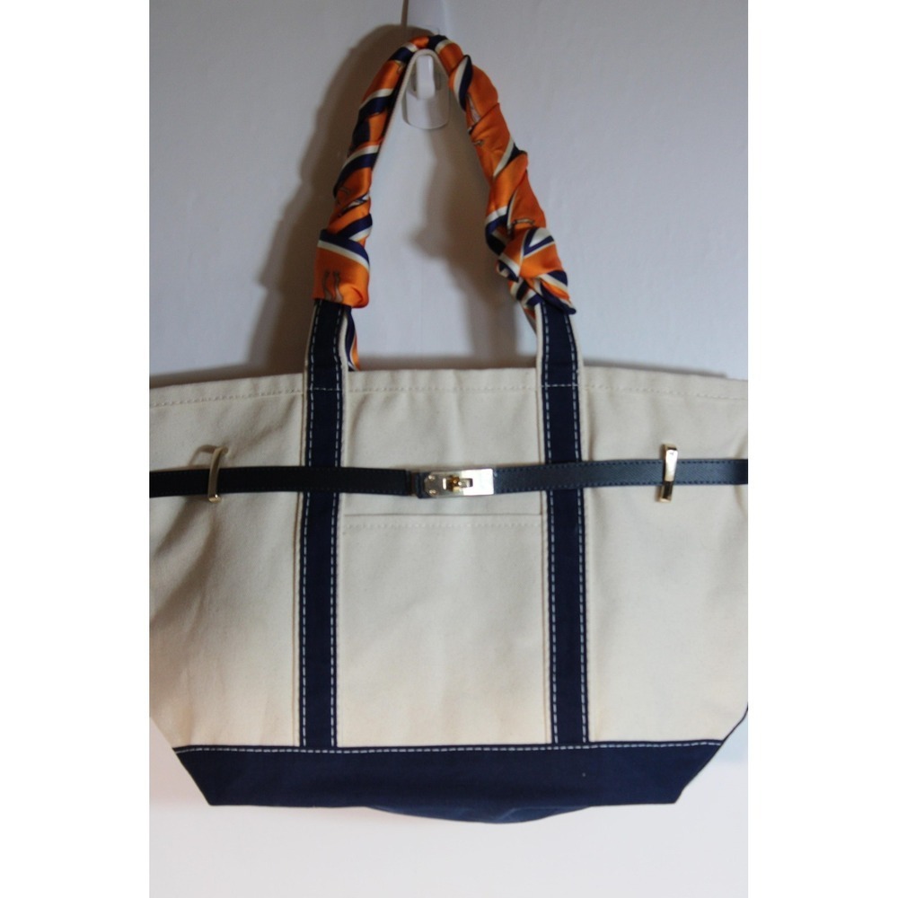 CB Station Shoulder Tote Bag Womens Large Beige Canvas Striped Boakin Bag